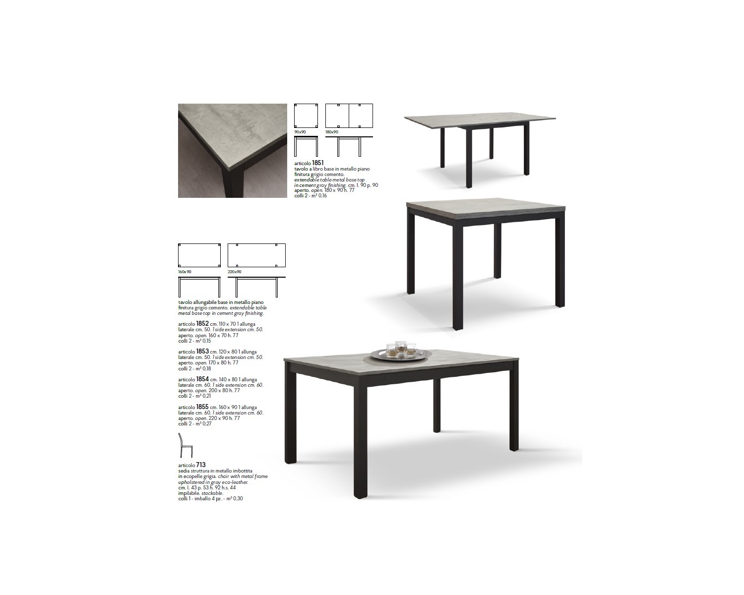 Tavolo allungabile 120x80 con 1 all. cm. 50 base metallo piano finitura  grigio cemento - Estea Mobili